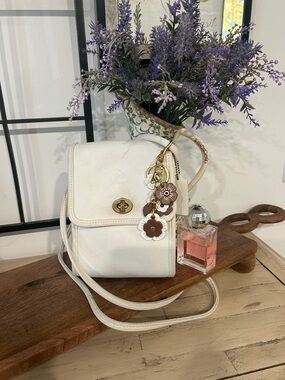 Coach White Leather Crossbody with Floral Charm